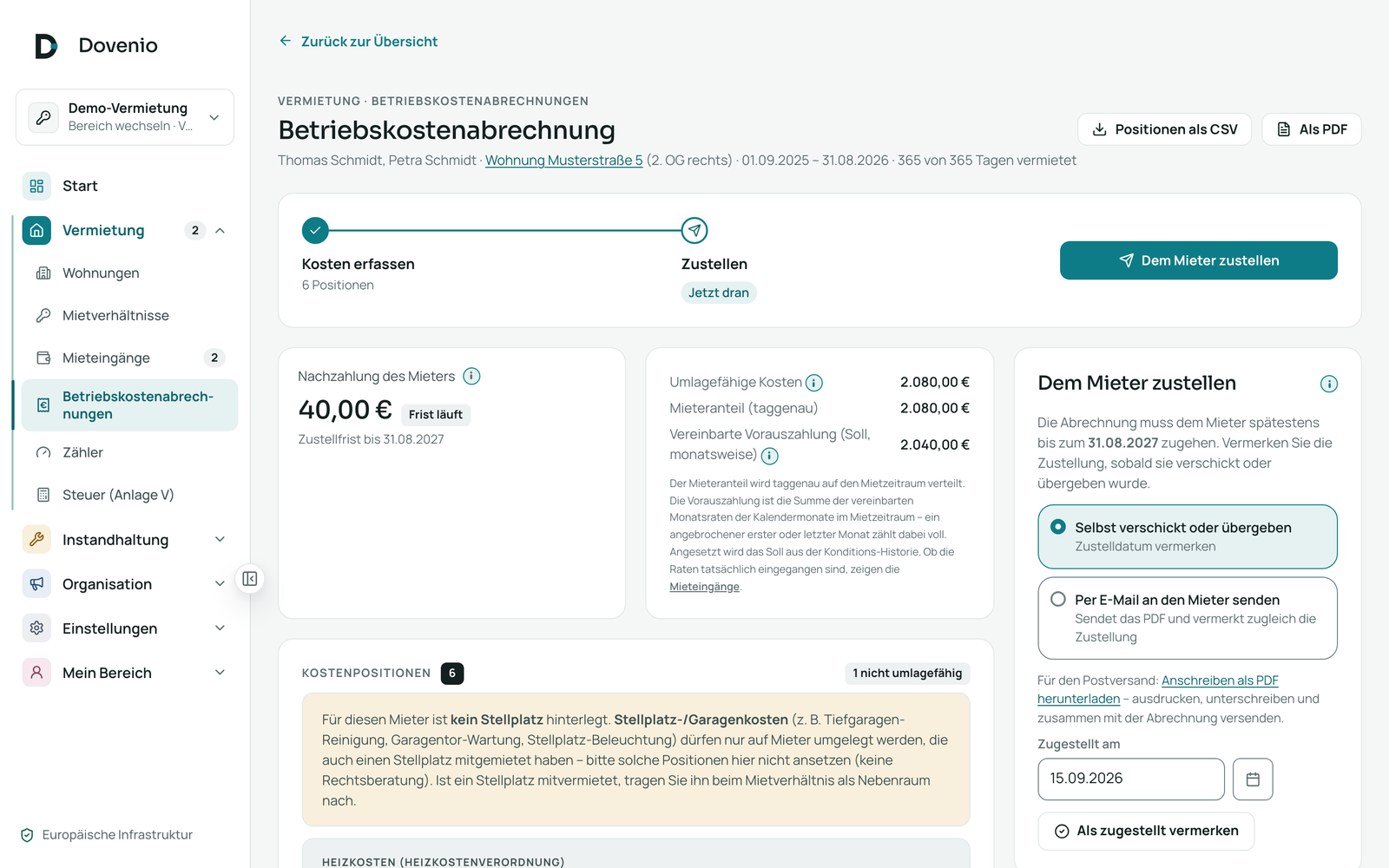 Dovenio Betriebskostenabrechnung für den Mieter aus den umlagefähigen Kosten der WEG-Abrechnung