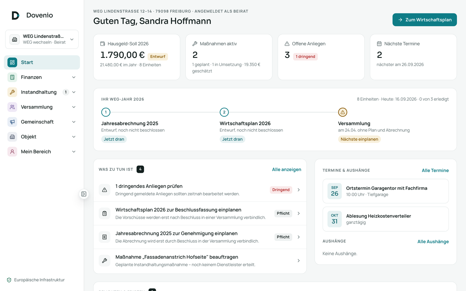 Dovenio Startseite einer WEG: das WEG-Jahr mit Jahresabrechnung, Wirtschaftsplan und Versammlung, dazu Hausgeld-Soll, Maßnahmen und offene Anliegen