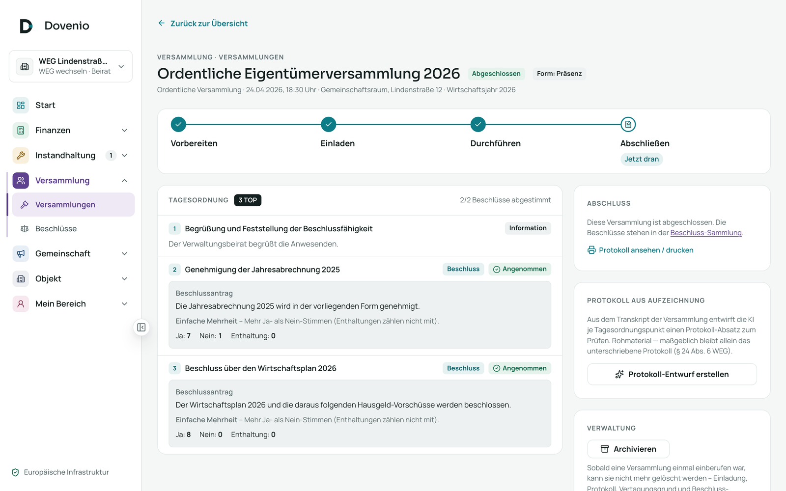 Dovenio Eigentümerversammlung mit Tagesordnung, Beschlüssen und den erreichten Mehrheiten