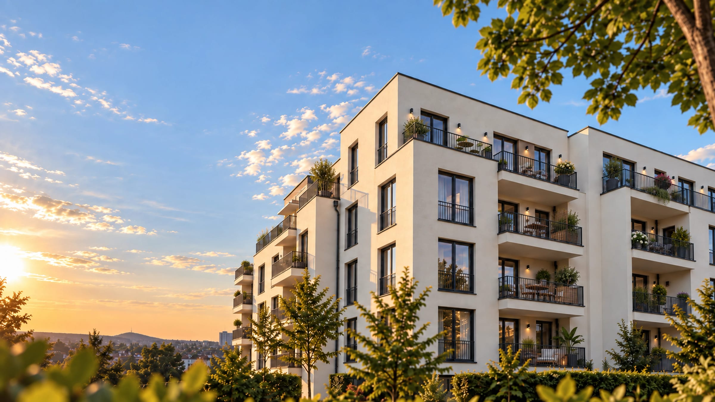 Modernes Mehrfamilienhaus im Abendlicht, Balkone mit Pflanzen, davor Bäume, viel Himmel