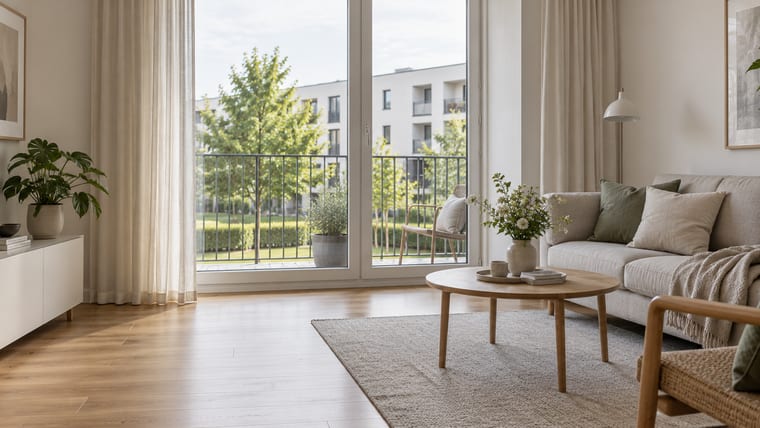 Helles Wohnzimmer mit Balkonblick ins Grüne