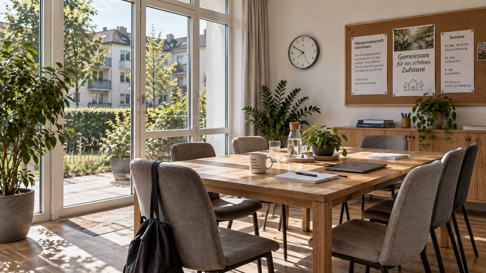 Heller Gemeinschaftsraum mit langem Holztisch, Pinnwand mit Aushängen der Hausgemeinschaft und Blick in einen begrünten Innenhof