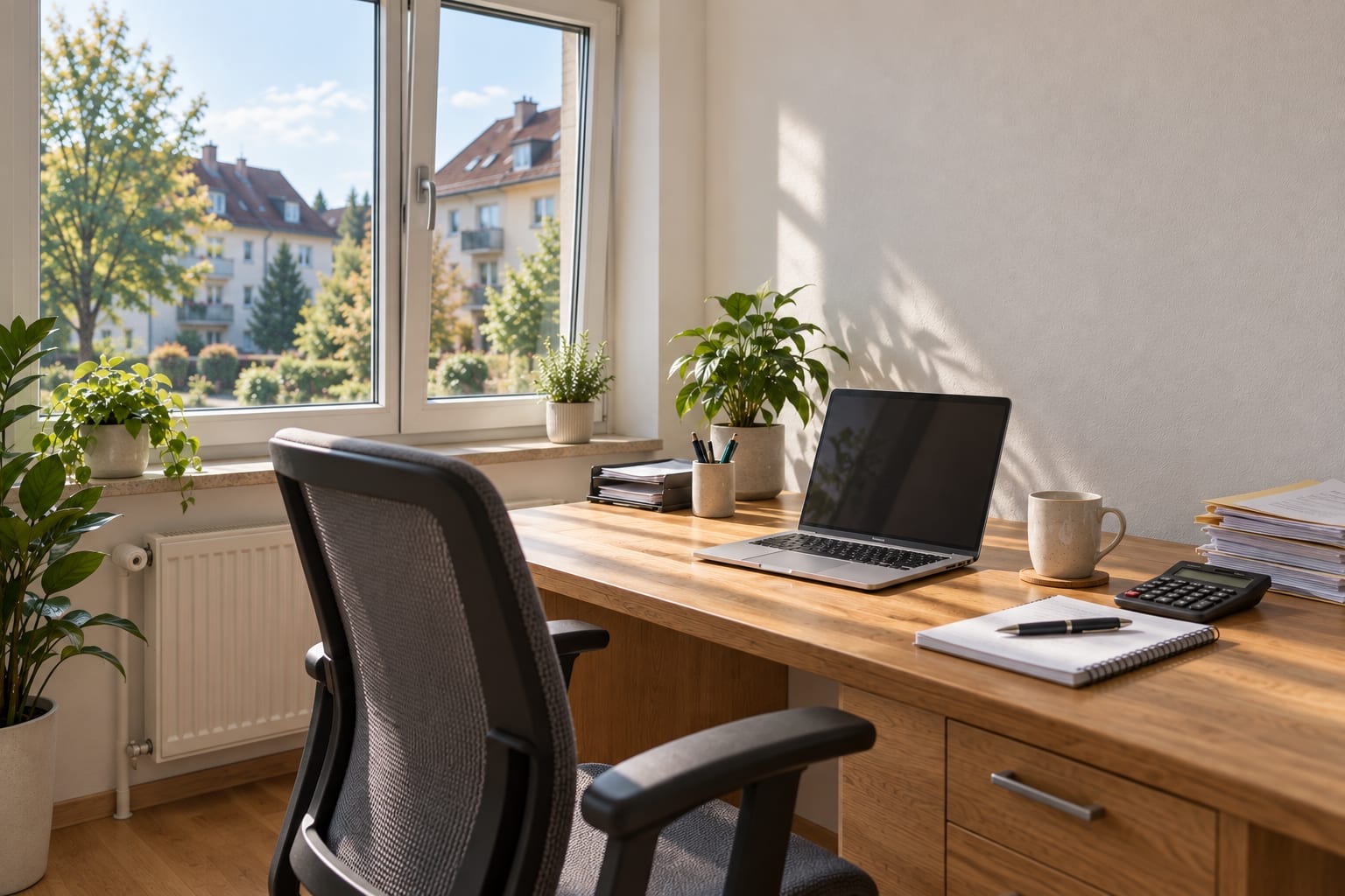 Heller Arbeitsplatz am Fenster mit Laptop, Taschenrechner, Notizblock und einem Stapel Unterlagen