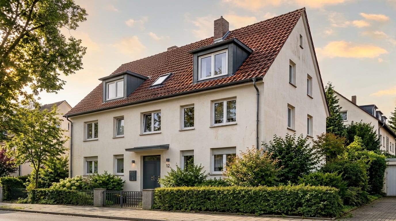 Kleines Mehrfamilienhaus mit rotem Ziegeldach und Gauben an einer ruhigen Wohnstraße, davor Hecke und Vorgarten im Abendlicht