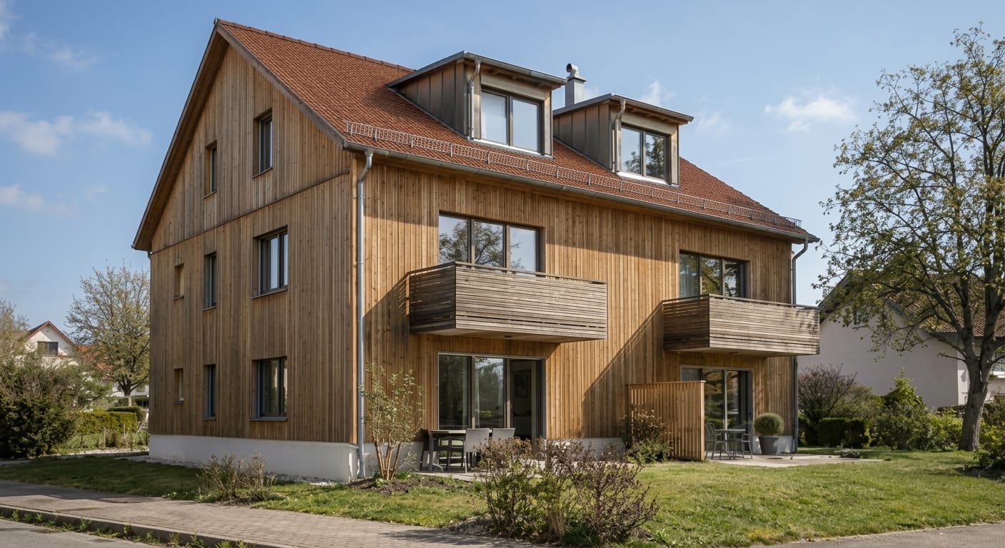 Mehrfamilienhaus mit Holzfassade, rotem Ziegeldach und Gauben, Holzbalkone und Terrassen zum Garten im Frühlingslicht