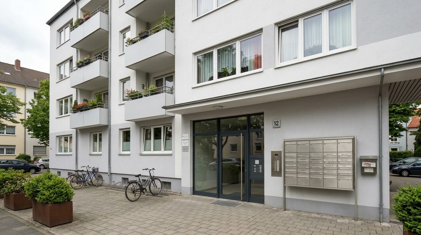 Eingang eines hellen Mehrfamilienhauses mit Glastür, Klingeltableau und Briefkastenanlage, davor Fahrräder und Pflanzkübel